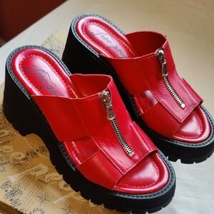 Free People Red Chunky Platform Mules